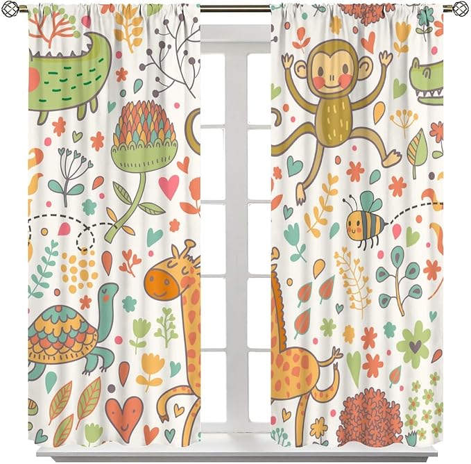Cute Monkeys Curtains, Zoo Theme Cartoon Funny Animals Crocodile Giraffe Turtle with Flowers Print Thermal Insulation Window Drapes for Kids Boys Girls Baby Bedroom Living Room 52x84in