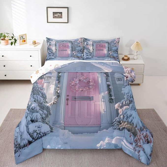 Feelyou Winter Snowscape Bedding Set Soft for Boys Girls, Merry Christmas Comforter Set Twin Size Pink Door Duvet Quilt Microfiber Garland Xmas Tree Bedroom Decor 2 Pcs with 1 Pillow Cases