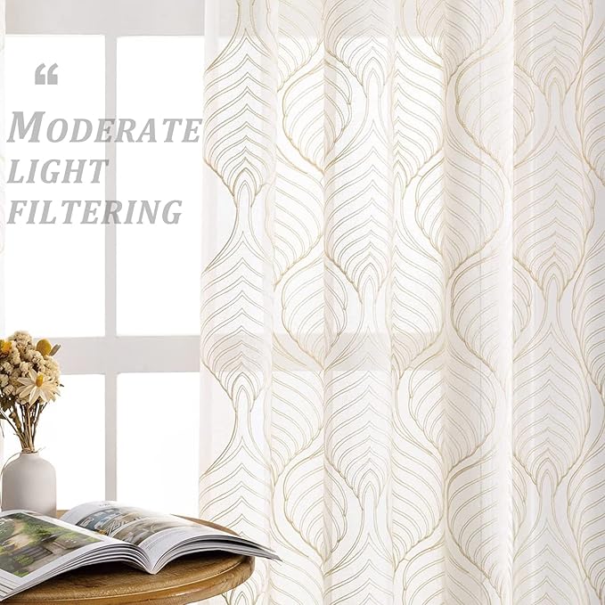 VISIONTEX Sheer Curtains 84 Inches Long 2 Panels Set Beige Moroccan Embroidery Texture Geometric Rod Pocket Ivory White Voile Tulle Semi Window Treatment Pair for Bedroom Living Room 54 x 84 Inches