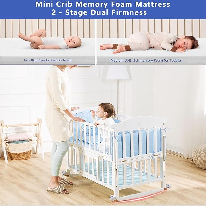 Portable Mini Baby Crib 4 in 1 with Memory Foam Mattress(38" by24) Included, Cunas para Bebes Convertible Crib with Foldable Storage Baby Playpen Bassinet Bedside Sleeper Bed (Gray)