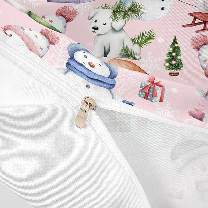 Manfei Christmas Duvet Cover Set King Size, Cute Snowman Dogs Snowflake Comforter Cover with 2 Pillowcases, New Year Pink Bedding Set 3pcs for Kids Boys Girls Lightweight Bedspread Cover,No Comforter