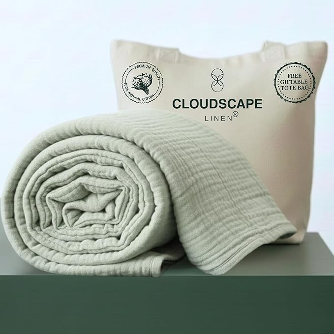 Cloud Scape Linen Oversized 4 Layer Muslin Blanket Twin Size - 100% Cotton, Lightweight & Breathable All Season Gauze, Pre-Washed, for Bed, Couch, fits Twin XL Bed,68x92, Seafoam Green