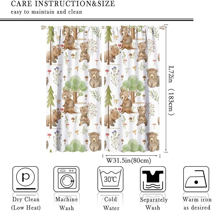 Forest Animal Curtains,Kids Home Bedroom Window Treatments, Cartoon Watercolor Bear Squirrel Woodland Animal Drapes 63x72in