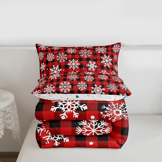 Feelyou Christmas Comforter Set Full Size Red Black Plaid Bedding Set for Kids Boys Girls Winter Snow Duvet Quilt Snowflake Red Bedroom Decor Microfiber 3 Pcs with 2 Pillow Cases