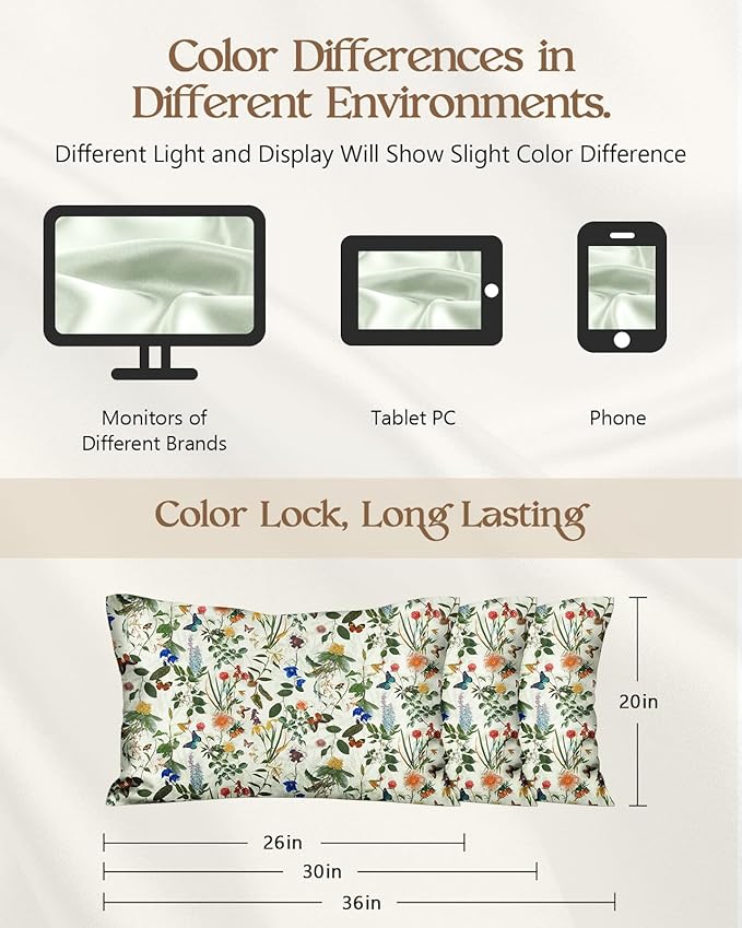 Silk Pillowcase 2 Pack - Cute Pillow Cases 20" x 26" Standard Size Set of 2 for Hair and Skin Smooth Soft Breathable with Hidden Zipper Cooling Pillow Covers for Sleeping, Butterfly Plant