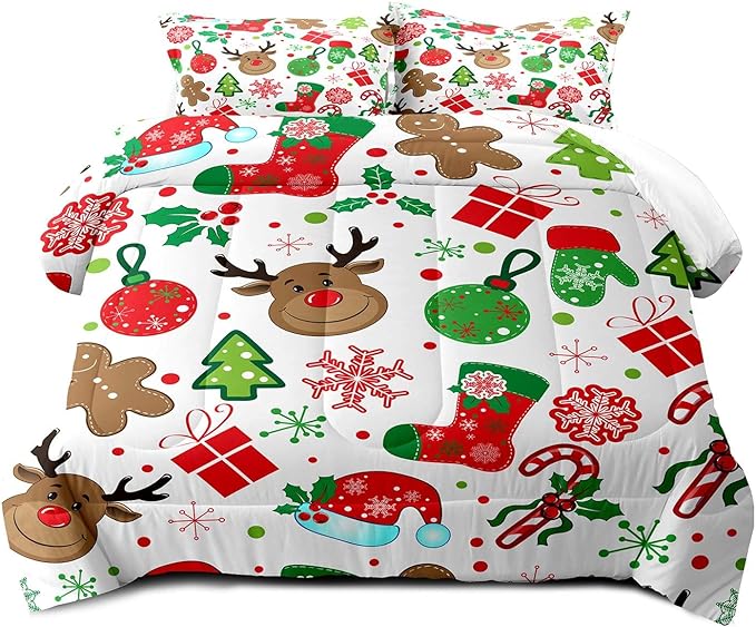 LUVIVIHOME 2PCS Christmas Comforter Set Twin Size, Boys Girls Kids Bedding, Cute Reindeer Snowflake Gingerbread Candy Cane Snowflake Holiday Christmas Bedding, Green Red White Quilt, 1 Pillow Sham