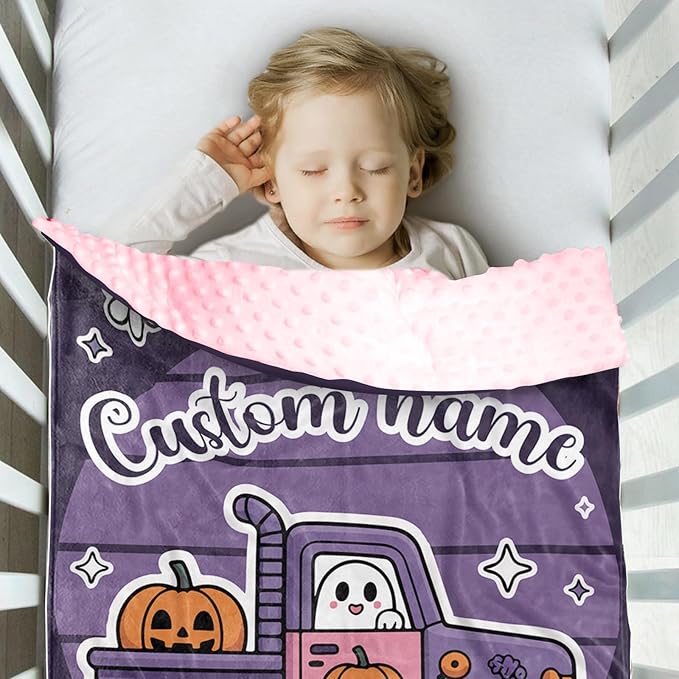 Personalized Halloween Blanket for Baby Girls, Custom Baby Blanket with Name, Ghost Truck Pattern Soft Minky Dot Blanket, Halloween Decor Christmas Birthday Gifts for Kids Toddlers