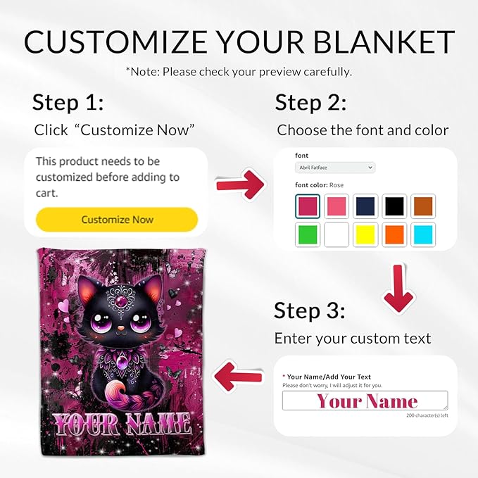 Personalized Cat Blanket for Kids - 30" x 40" Cat Gifts for Girls, Toddler - Plush Black Throw Stuff for Sofa, Travel