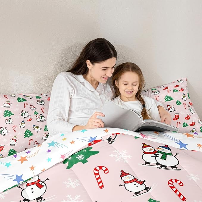 Feelyou Pink Christmas Comforter Set Queen Size Snowman Bedding Set for Kids Boys Girls Snowflake Duvet Quilt Xmas Tree Bedroom Decor Microfiber 3 Pcs with 2 Pillow Cases