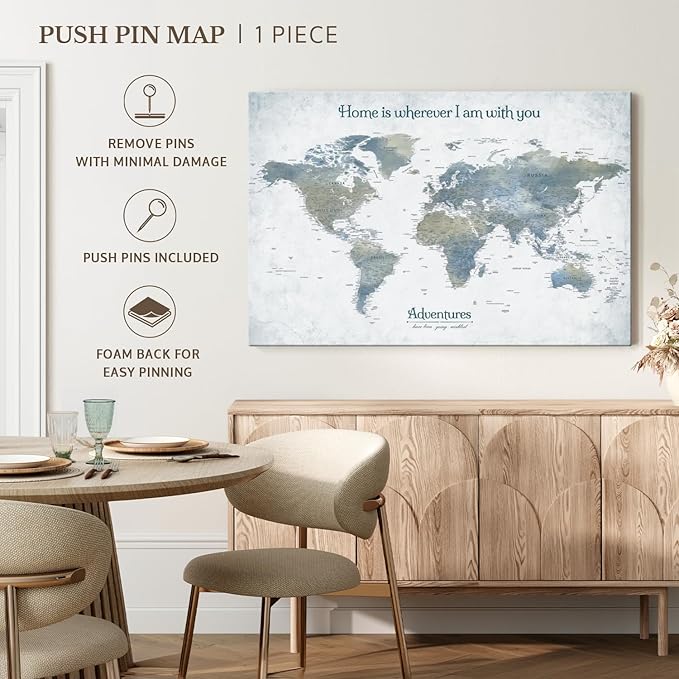 ElephantStock - Home With You II Push Pin World Map Wall Art - Horizontal Canvas Wall Art - Living Room Wall Decor - Digital Art Map Canvas Art - Blue And Gray Decor - 48" x 32"