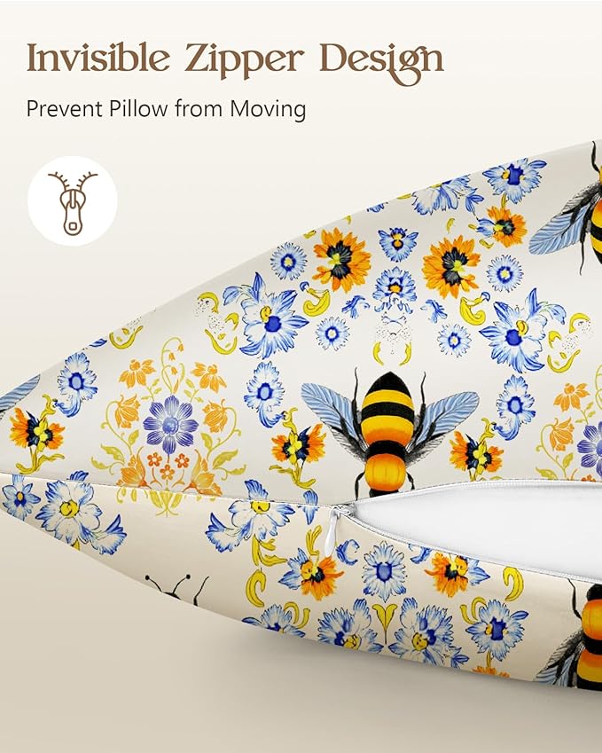 Silk Pillowcase 2 Pack - Cute Pillow Cases 20" x 26" Standard Size Set of 2 for Hair and Skin Smooth Soft Breathable with Hidden Zipper Cooling Pillow Covers for Sleeping, Flower Bee