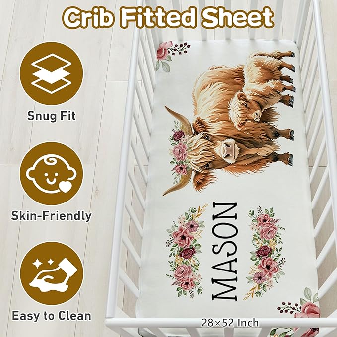 Custom Name Crib Bedding Set, 3 Pcs Personalized Baby Crib Bedding Set, Soft Red Highland Cow Nursery Crib Sets for Boys Girls, Double Layer Toddler Bedding Set Customized Gifts for Newborn Kid