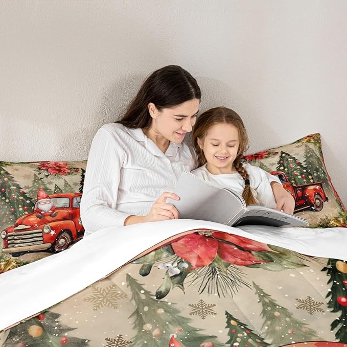 Manfei Red Truck Comforter Set Queen Size, Xmas Trees Santa Claus Snowflake Bedding Set 3pcs for Kids Boys Girls Room Decor, Christmas Theme Down Comforter New Year Quilt Set with 2 Pillowcases