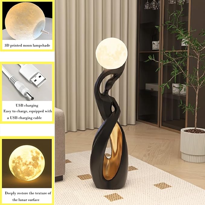 Bofea-Unique Floor Lamp with Moon Lamp,Creative Black Gold Standing Lamps,Art Deco Floor Light with Rechargeable Globe Lights,Modern Resin Accent Dancing Girls Statue for Living Room Bedroom Home