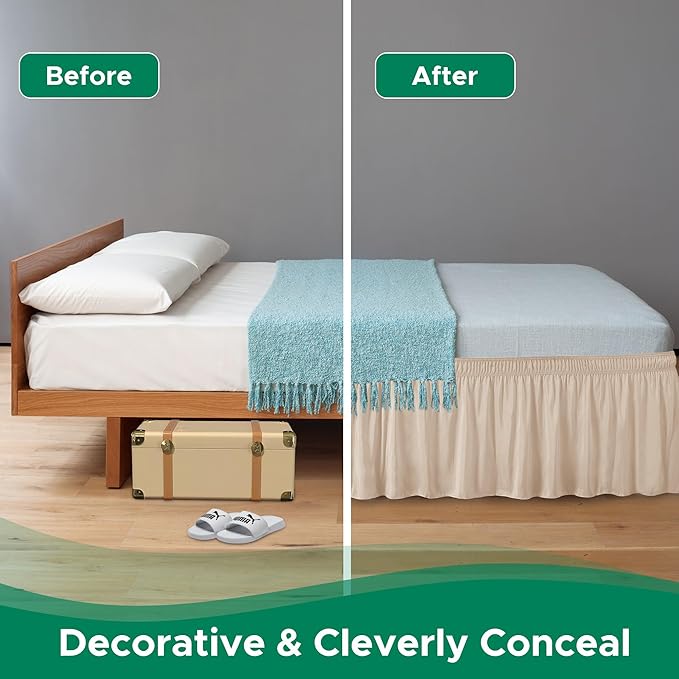 Biscaynebay Wrap Around Bed Skirts with Adjustable Belts for Full & Full XL Beds 15" Drop, Sand Elastic Dust Ruffles Easy Fit Wrinkle & Fade Resistant Silky Luxurious Fabric Machine Washable