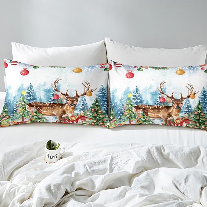 Manfei Merry Christmas Duvet Cover Queen Size,Watercolor Christmas Trees Gifts Wild Moose Super Soft Bedding Set for Boys Girls,Winter Happy New Year Comforter Cover Bedding 3 Piece (No Comforter)