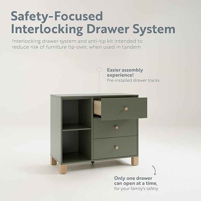 Storkcraft California 3 Drawer Combo Dresser (Olive with Driftwood) – GREENGUARD Gold Certified, Interlocking Drawer System, Pre-Installed Drawer Tracks for Easier Assembly, Spacious Cabinet