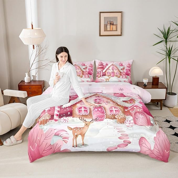 jejeloiu Kids Christmas Theme Comforter Set Twin Size Pink Xmas Candy Cane House Bedding Set for Boys Girls Teens Cute Cartoon Deer Winter Animal Happy New Year Duvet Quilt Room Decor