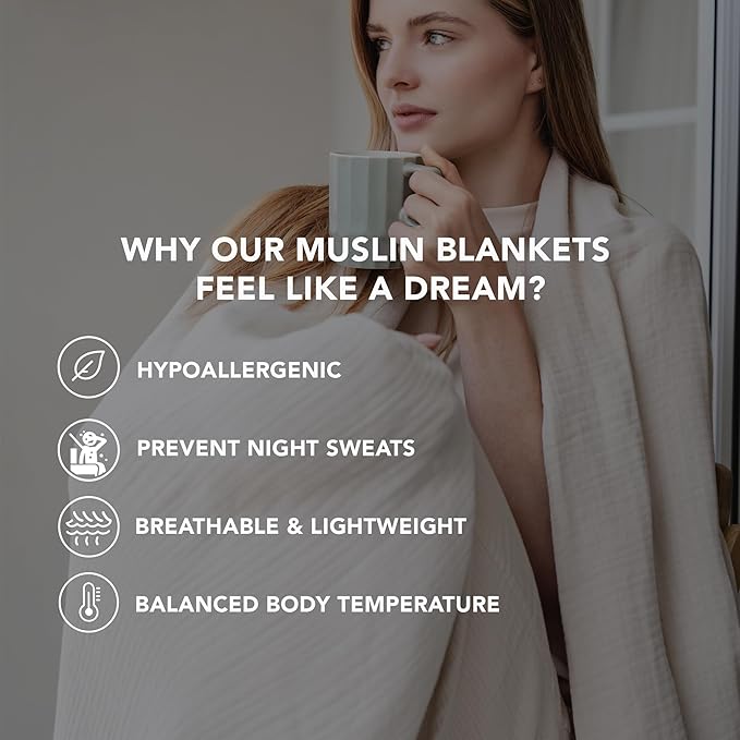 Goqan Throw Blanket 55x60 – 100% Cotton 4 Layer Boho Muslin Blanket for Adults, Lightweight, Soft, Breathable for Bed, Couch, Picnic - Beige
