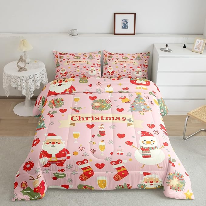 Feelyou Christmas Bedding Set for Kids Boys Girls Twin Size Cute Santa Claus Comforter Set Ultra Soft Comforter Xmas Tree Duvet Quilt Bedroom Decor Christmas Decor Quilt