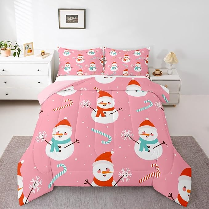 Feelyou Pink Christmas Bedding Set Soft for Boys Girls, Snowman Comforter Set King Size Snowflake Duvet Quilt Microfiber Candy Cane Bedroom Decor 3 Pcs with 2 Pillow Cases