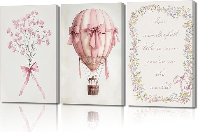 3Pcs Pink Nursery Canvas Wall Art Pictures Cute Baby Girls Room Posters Print Neutral Pink Bow Bouquet Hot Air Balloon Pastel Painting Wall Decor for Kids Room Little Girl Bedroom 16x24in Framed