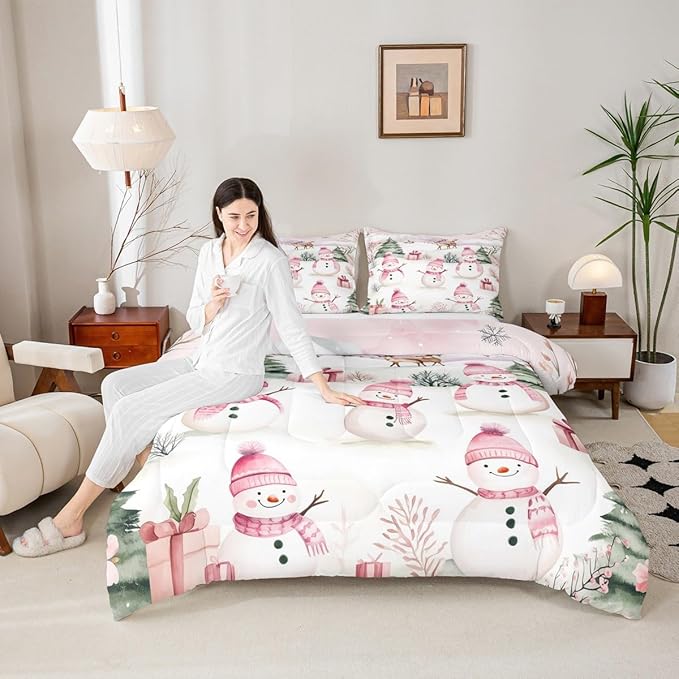 Manfei Merry Christmas Comforter Set Toddler Size,Cute Snowman Pine Trees Deer Bedding Set 2pcs,New Year Theme Down Comforter for All Season,Kids Boys Girls Room Decor,1 Pillowcase,No Sheets