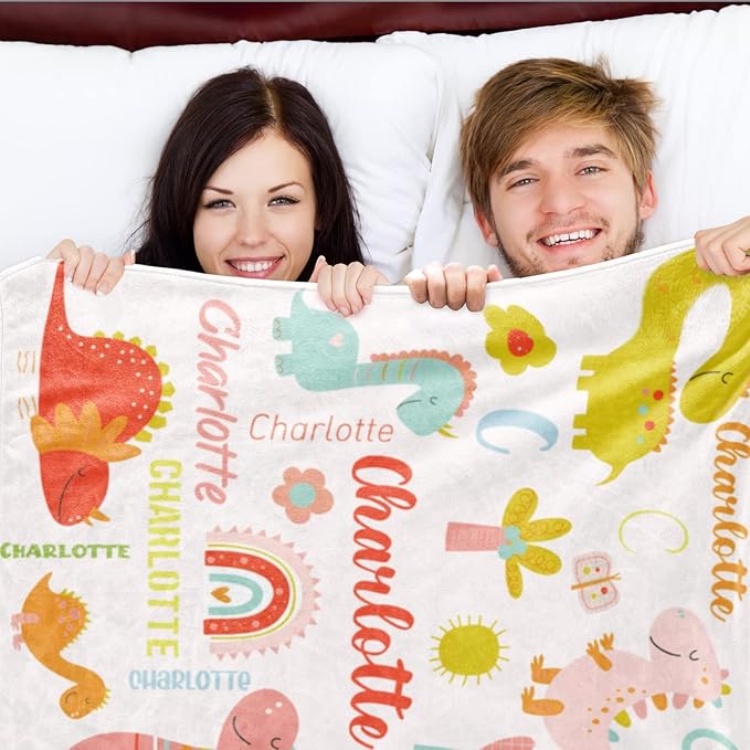Personalized Dinosaur Blanket with Name for Girl, Custom Name Blanket for Kids, Soft Flannel Pink Dinosaur Toddler Blanket Customized Gift for Birthday Christmas Baby Shower Newborn Gift 60" X 80"