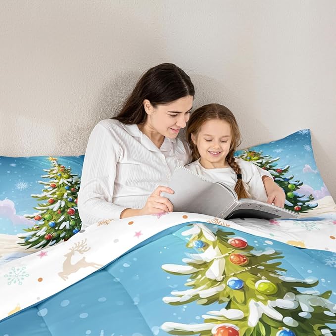 Feelyou Christmas Bedding Set Soft for Boys Girls, Xmas Tree Comforter Set Twin Size Christmas Tree Ornaments Duvet Quilt Microfiber Winter Snowflake Bedroom Decor 2 Pcs with 1 Pillow Cases