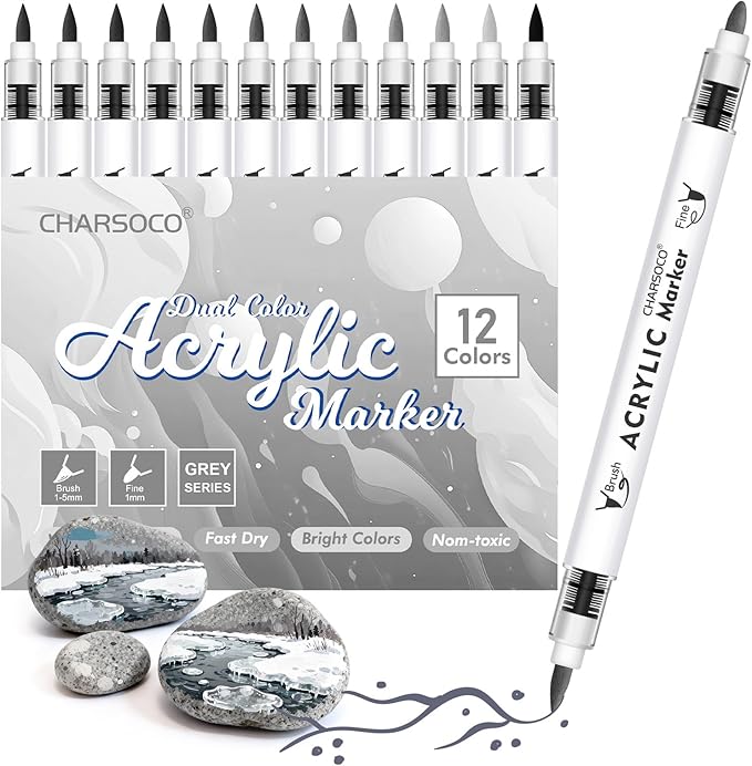 Grey Tones Acrylic Paint Pens, 12 Colors Markers Set with Soft Brush & Bullet Tip, for Rock, Painting, Wood, Glass, Ceramic, Canvas, Stone, DIY Crafts, Making Art Supplies, Fabric Paint