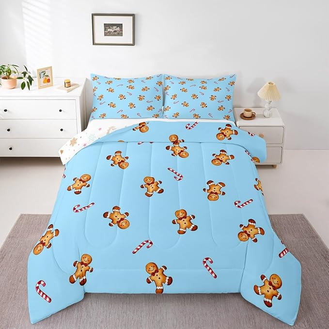 jejeloiu Kids Cute Gingerbread Man Comforter Set Queen Size Christmas Theme Bedding Set for Boys Girls Teens Xmas Candy Cane Happy New Year Duvet Quilt Room Decor