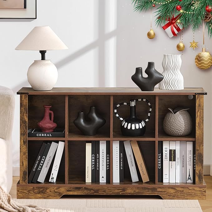 8 Cube Storage Organizer, 2 Tier Book Shelf with Led Lights, Farmhouse Book Shelves for Living Room, Horizontal Toy Storage Bookshelf, Wood Display Bookcase Cabinet for Bedroom, Office, Brown