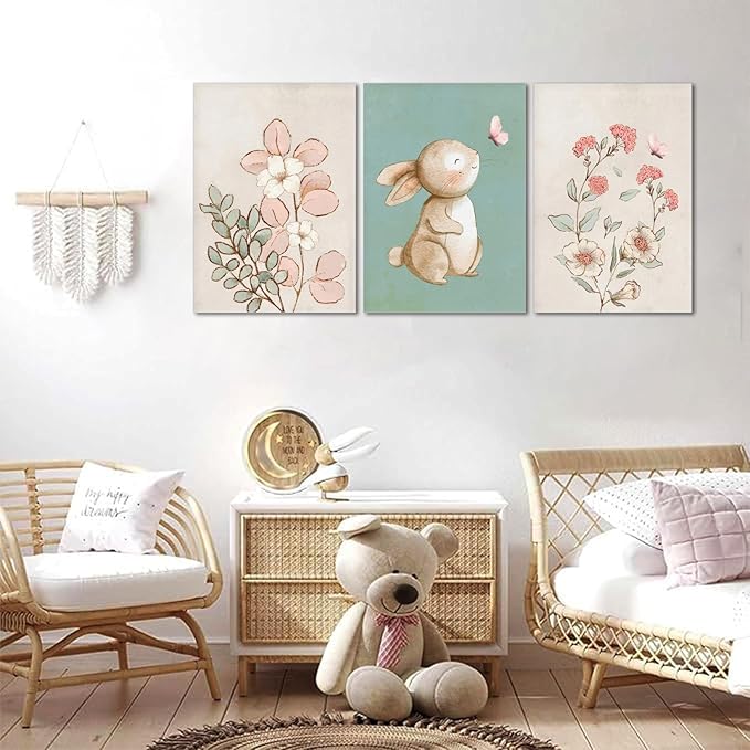 Dytila Framed Nursery Wall Art Set of 3, Pink Flower Botanical Pictures Wall Decor, Green Bunny Paintings, Cute Animal Canvas Prints for Girls and Boys Kids Room, Baby Room Decor 16x24 Inches