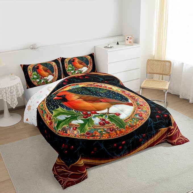 Feelyou Merry Christmas Comforter Set Queen Size Robin Bird Bedding Set for Kids Boys Girls Snowflake Duvet Quilt Winter Bedroom Decor Microfiber 3 Pcs with 2 Pillow Cases