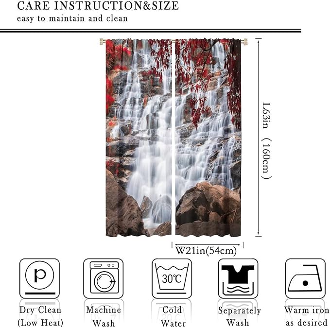 Waterfall Blackout Windows Curtains, Waterfall Red Forest Pattern Nature View Curtains, for Living Room Bedroom 42x63in 2 Panels