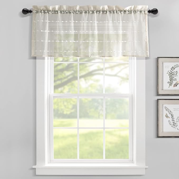Lush Decor Farmhouse Textured Sheer Window Curtain Valance, 52"W x18"L, Beige