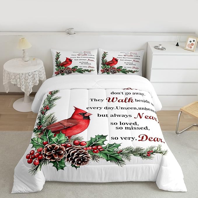 Red Cardinal Kids Bedding Set King Size,Christmas Birds Holly Pinecones Comforter Set,Berries Poinsettia Rustic Animal Quilt Comforter,White Red Green Bedroom Duvet Insert,2 Pillowcases