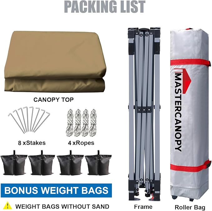 MASTERCANOPY Durable Pop-up Canopy Tent with Roller Bag (10x10, Khaki)