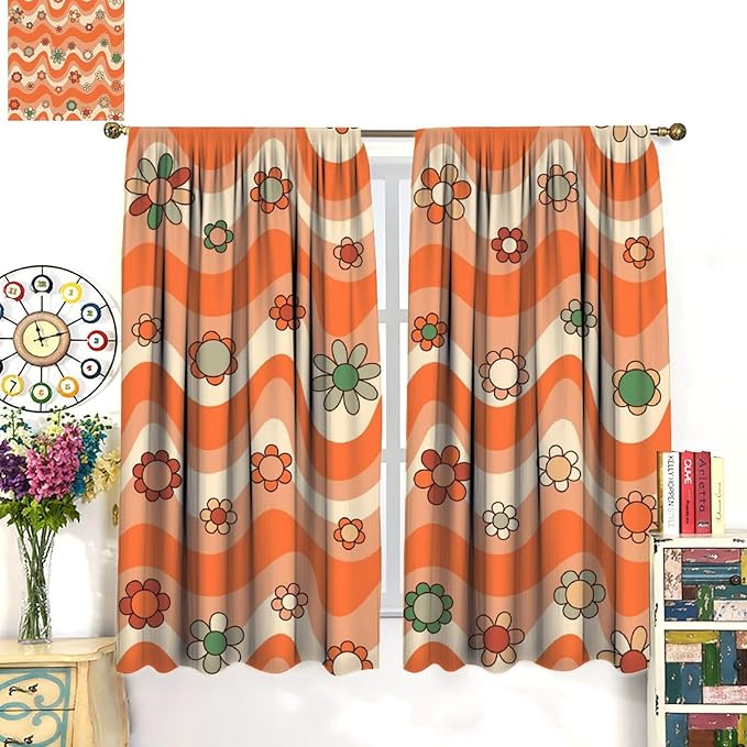 70s Boho Retro Curtains for Bedroom,Groovy Vintage Floral Rainbow Window Treatments Drapes for Kids Girls Window 63"" W X 72"" L, Style-6
