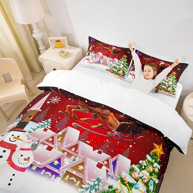 Manfei Christmas Duvet Cover Set Queen Size, Snowman Xmas Tree Bedding Set for Kids Boys Girls, Santa Claus with Reindeer Comforter Cover New Year Theme Quilt Cover with 2 Pillowcases, No Comforter