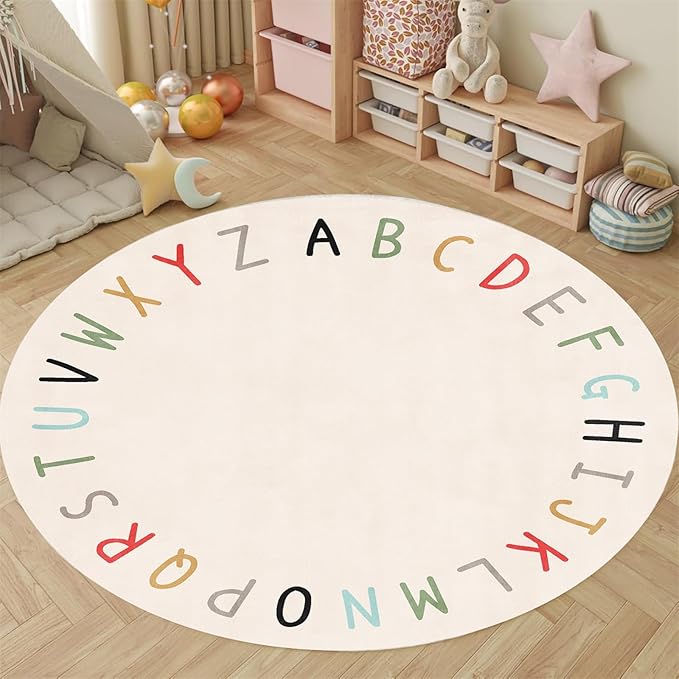 Round ABC Rugs-5ft Kids Round Rug Alphabet Numbers Shapes Educational Kid Area Rug Non Slip Kid Play Mat Carpet for Girl Boy Bedroom Playroom-White