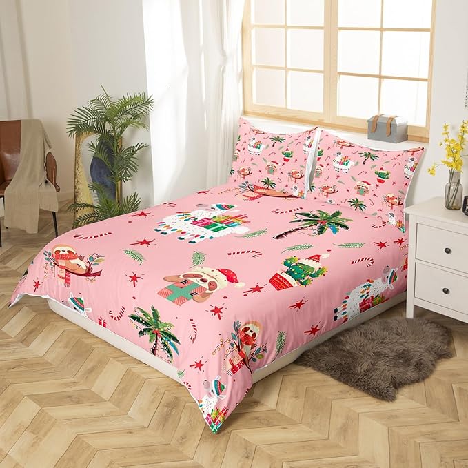 Manfei New Year Duvet Cover Set Twin Size, Cute Xmas Sloth Alpaca Print Bedding Set 2pcs for Kids Boys Girls Bedroom Decor, Christmas Theme Comforter Cover with 1 Pillowcase,No Comforter