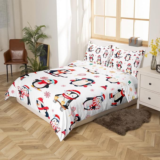Feelyou Cartoon Penguin Duvet Cover Funny Animal Printed Christmas Day Bedding Set for Kids Room Cute Polar Animal Pattern Decor Comforter Cover Set Snowflake Bedspread Cover 2Pcs Zipper Toddler Size