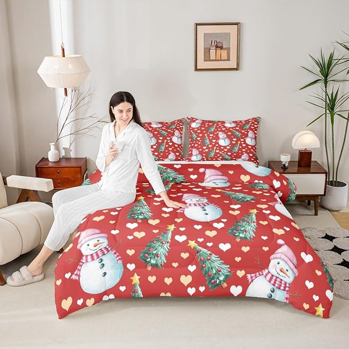 Feelyou Merry Christmas Comforter Set Full Size Cute Snowman Bedding Set for Kids Boys Girls Christmas Tree Duvet Quilt Love Hearts Microfiber 3 Pcs with 2 Pillow Cases