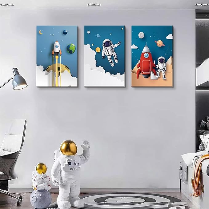3Pcs Astronaut Canvas Wall Art Nursery Space Adventure Wall Decor Whimsical Space Themed Posters Artwork Rocket Spaceship Prints Pictures for Kids Room Boys and Girls Bedroom (12x16in Canvas)