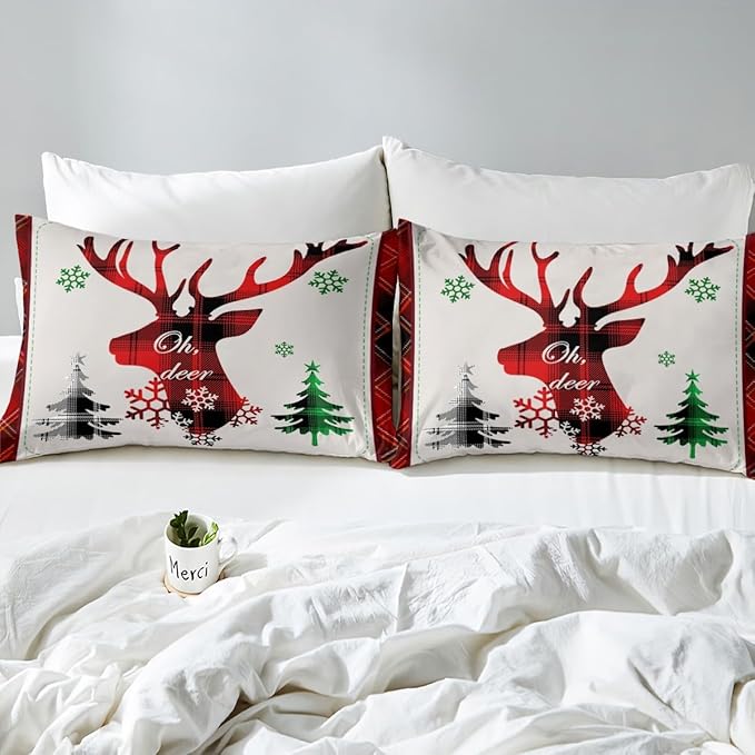 Manfei Xmas Deer Duvet Cover Set Twin Size, Christmas Tree Snowflake Print Comforter Cover with 1 Pillowcase, New Year Theme Bedding Set 2pcs for Kids Boys Girls Bedroom Decor,No Comforter