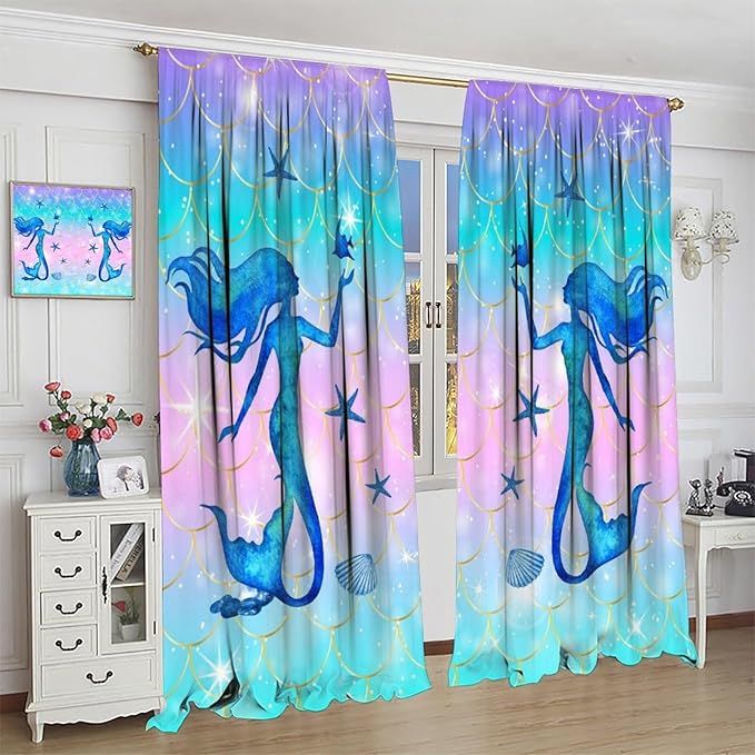 Mermaid Scale Curtains for Kids Girls Magic Gradient Mermaid Fish Scale Pattern Decoration Bedroom Nursery Curtains 42x63 Inch