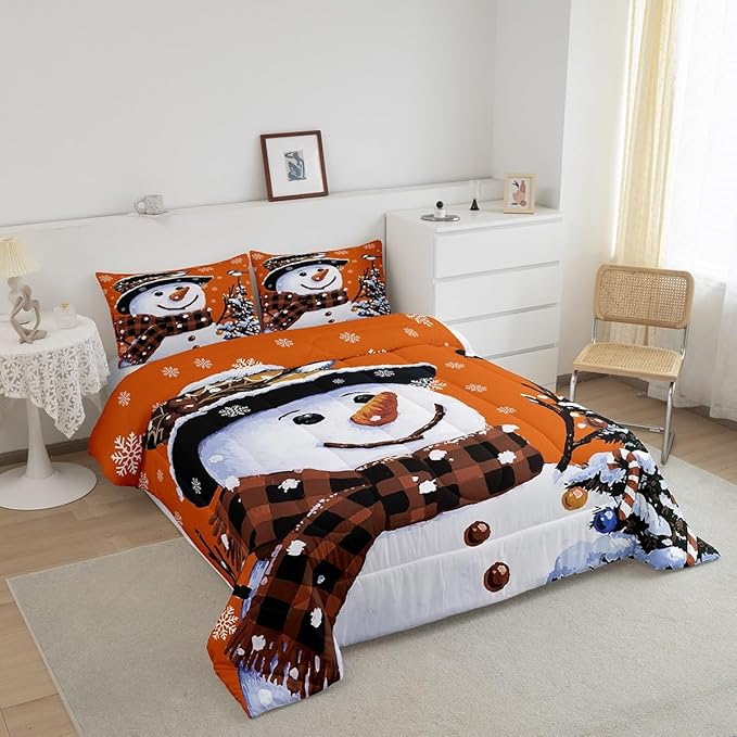 Feelyou Kids Christmas Theme Decorations Bedding Set Xmas Snowman Comforter Set for Boys Girls Snowflake Kawaii Cute Comforter Pumpkin Orange Quilt Set Bedroom Collection Toddler Size