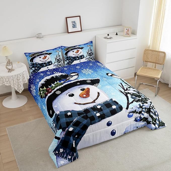 Feelyou Kids Christmas Theme Decorations Bedding Set Xmas Snowman Comforter Set for Boys Girls Snowflake Kawaii Cute Gradient Blue Bedroom Collection Full Size