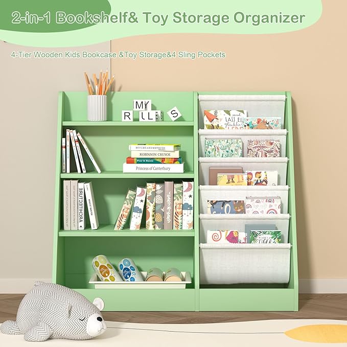 NACHES Montessori Kid Bookshelf Toddler Bookcase Cabinet Children Book Rack Display Toy Storage Organizer 4 Tier 5 Sling Deep Sleeves Classroom Bedroom Nursery Playroom Wood (Green)